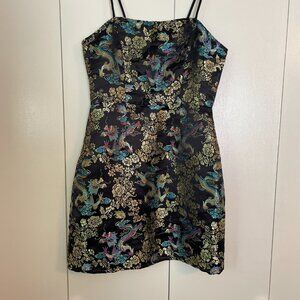 Spaghetti Strap Black Party Dress Rainbow Dragon Embroidery XS